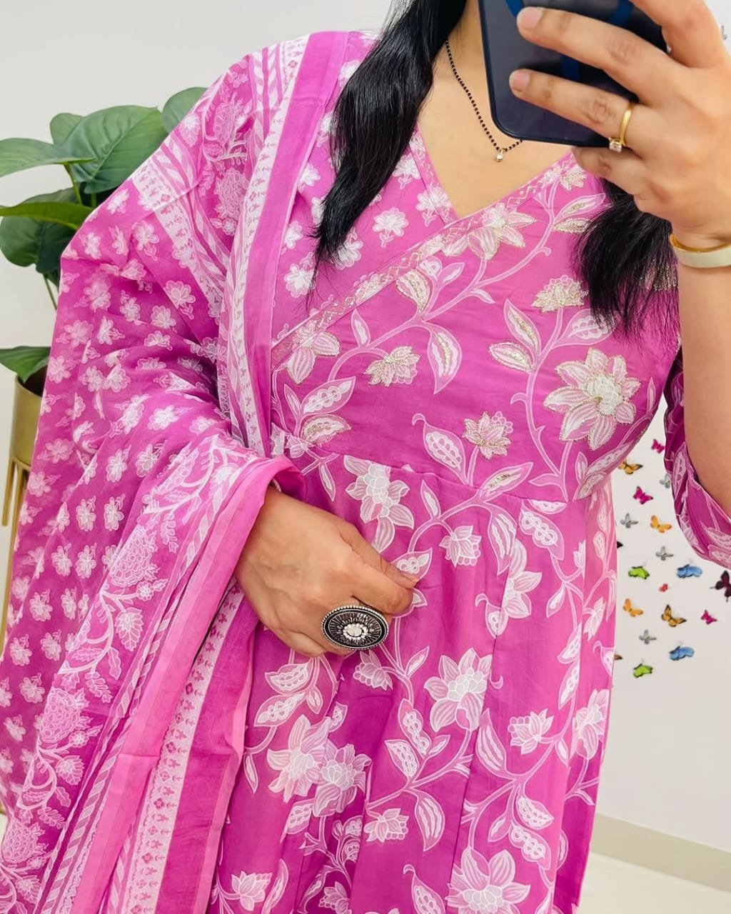 Pink Cotton Anarkali Kurti Pant Dupatta Set